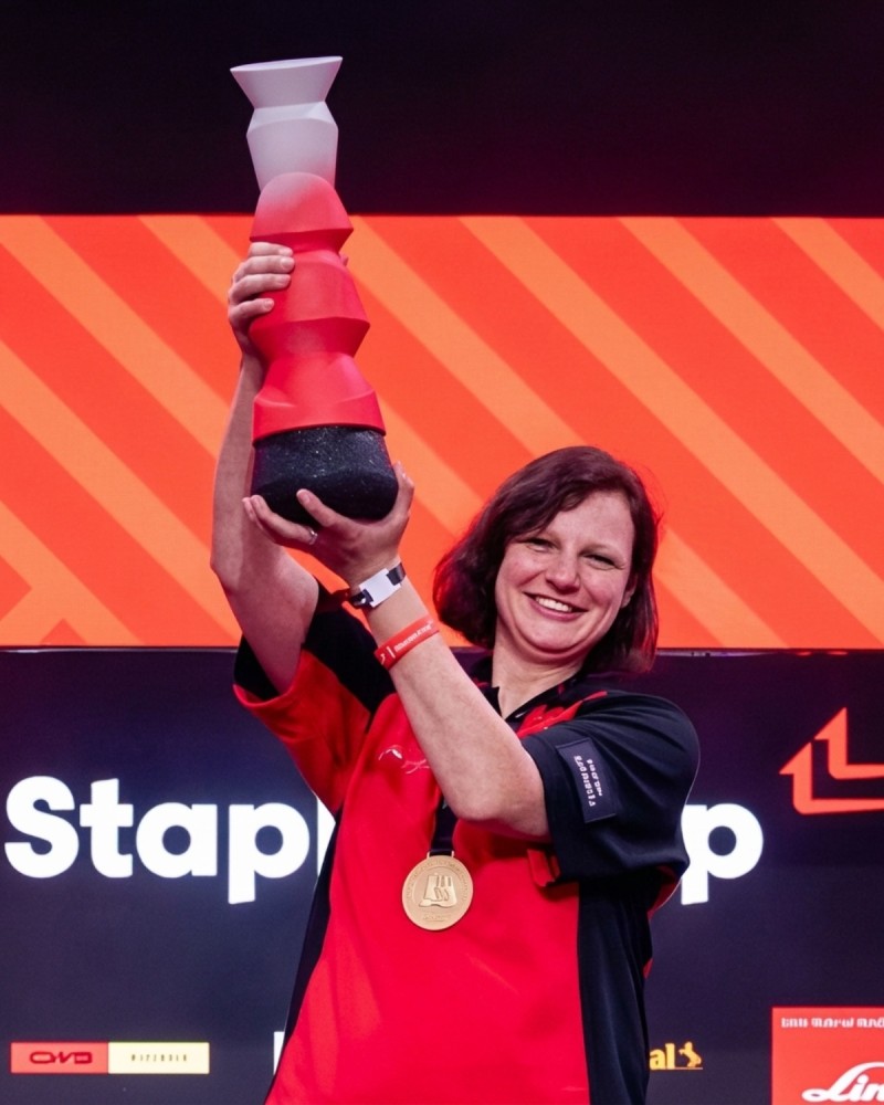 Custom StaplerCup 2026 trophy in concrete with recycled rubber, front view, made by Sustain Awards 2