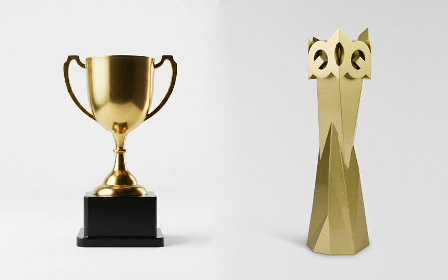 Traditional gold column trophy next to a minimalist custom award
